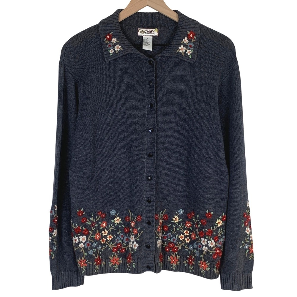 VTG TIARA INT'L Floral Embroidered Cotton Cardigan Button Sweater Sz M Blue